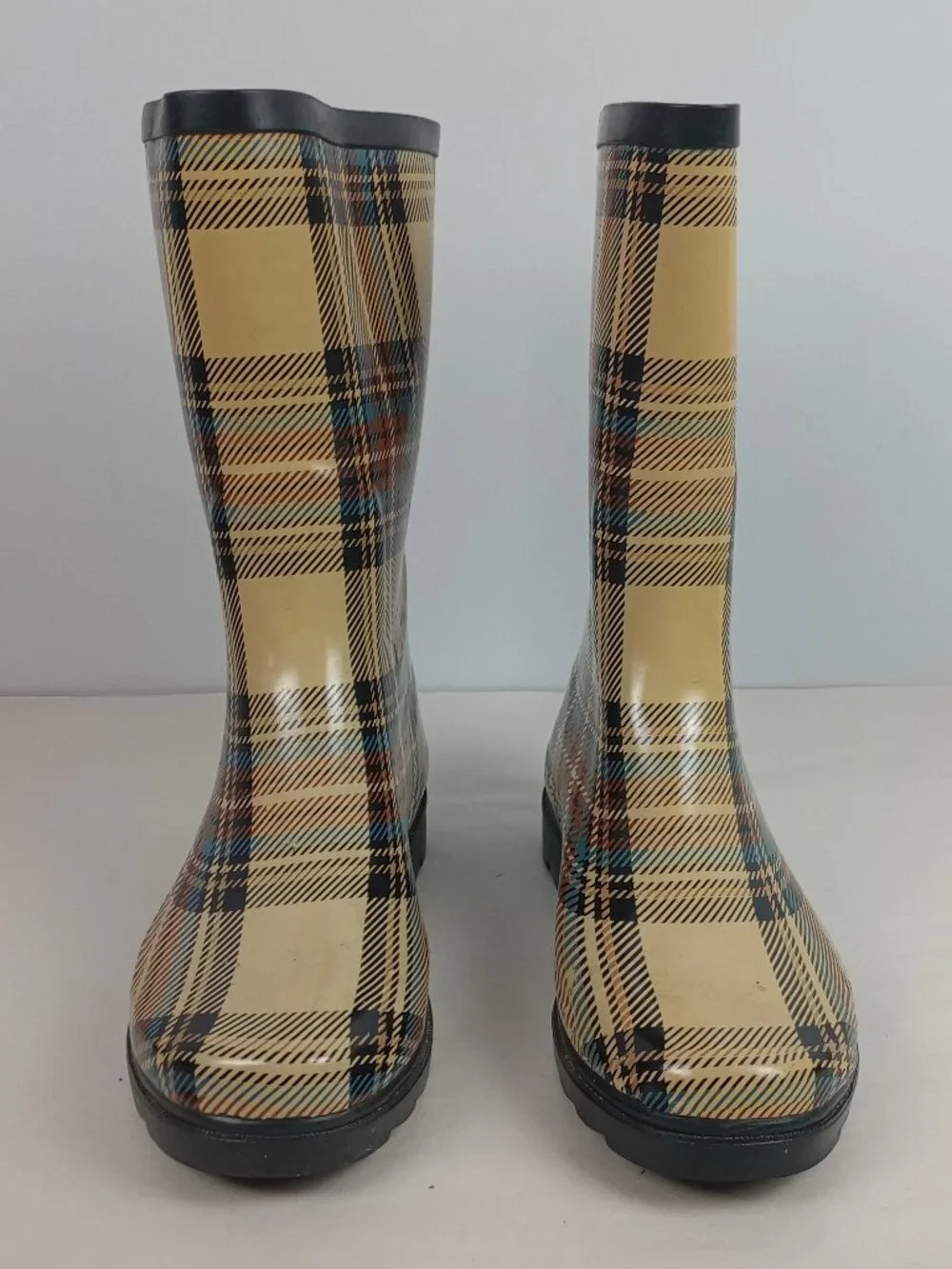 Sporto Womens 10M Amy Yellow Red Blue Black Plaid Rubber Wellington Rain‎ Boots